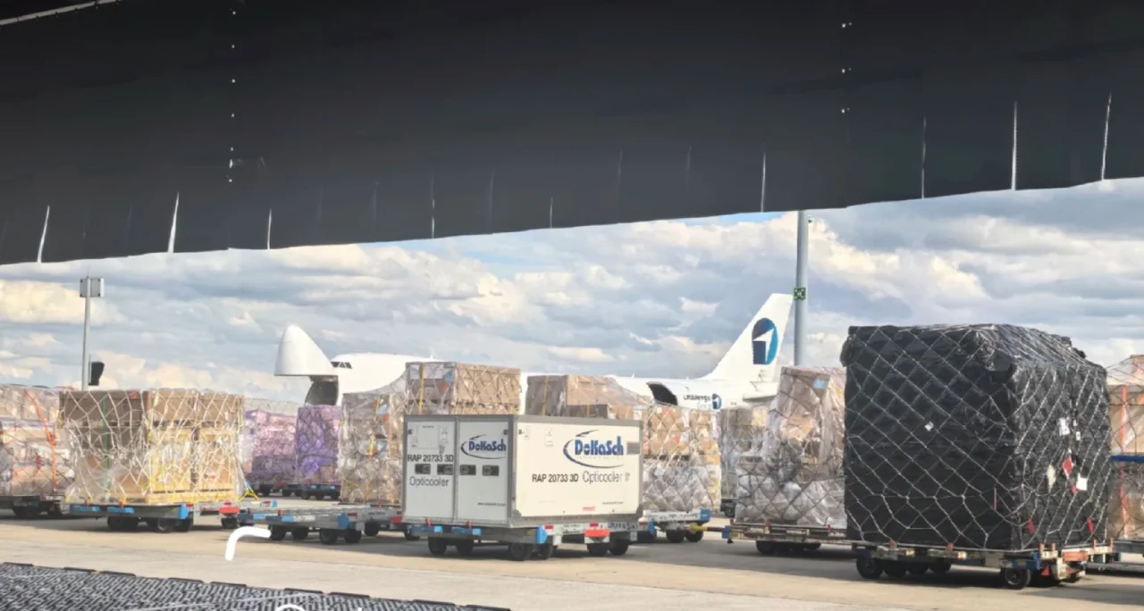 Palés de carga cubiertos junto a un avión
